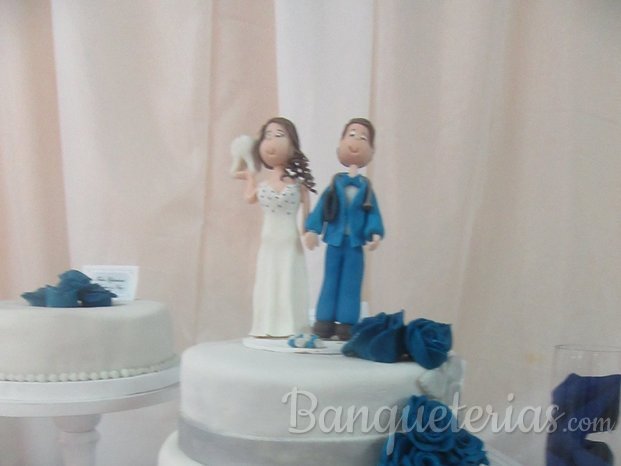 Torta de matrimonio en blanco con rosas azules 